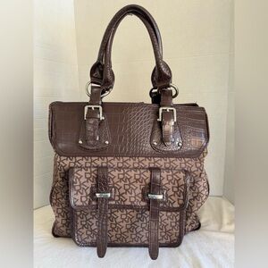 VINTAGE 90s DKNY SIGNATURE BROWN CANVAS CROC EMBOSSED SHOULDER PURSE TOTE BAG